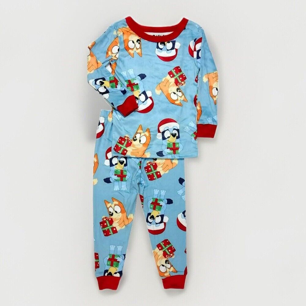 Blue Holiday Cartoon Print Kids Pajama Set - Red Trim